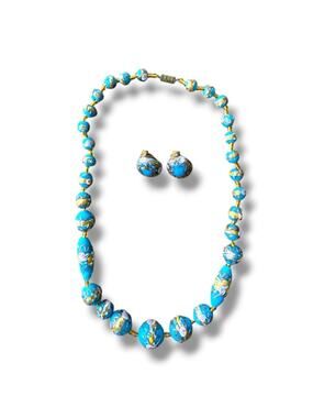 Vintage 1970s Italian Lampwork Glass Bead Necklace Set Earring Gold Wedding Cake